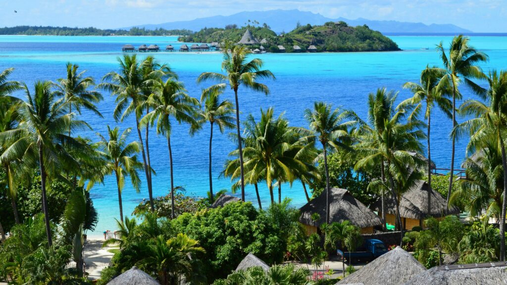 Scenic view of a tropical island with palm trees, turquoise ocean, and distant huts.